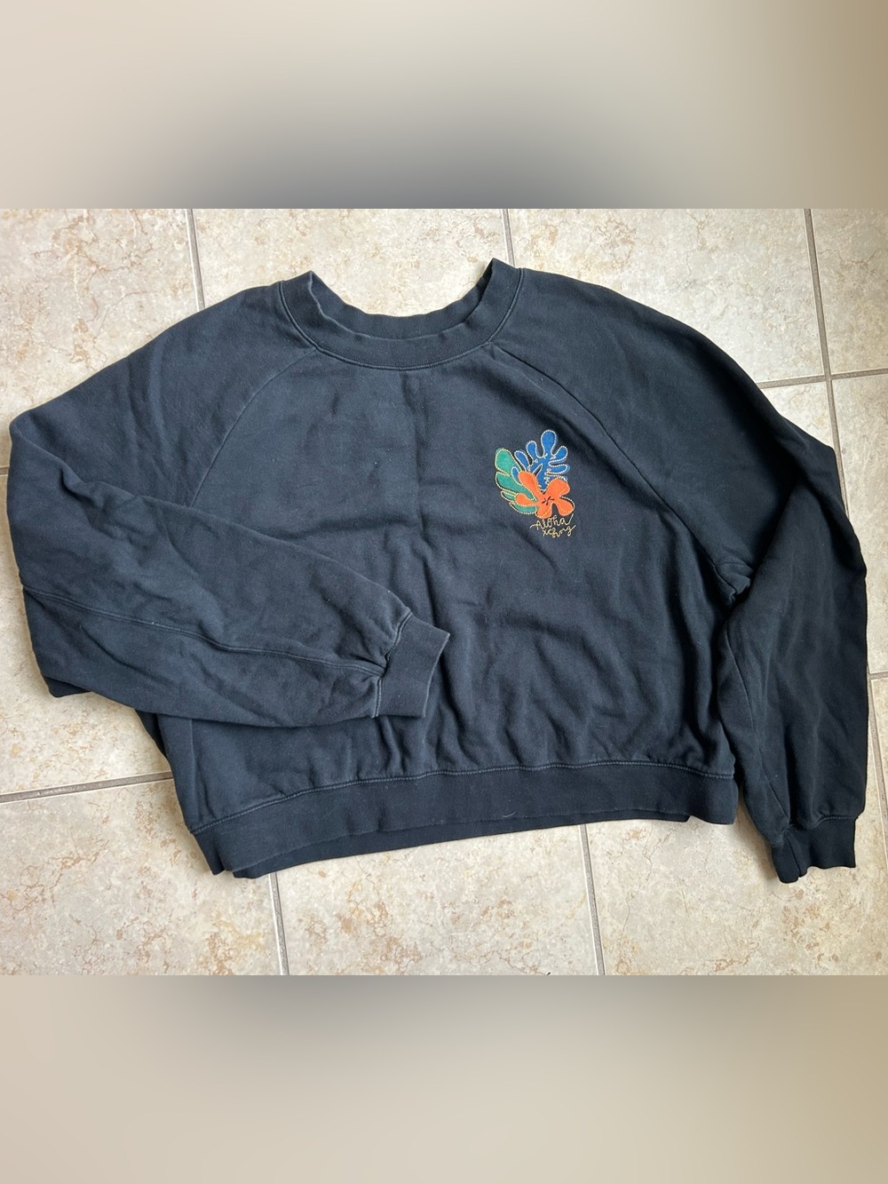 ALOHA XCHNG Women’s Sweatshirt 2XL Cropped Black Floral Cotton Pullover Kauai